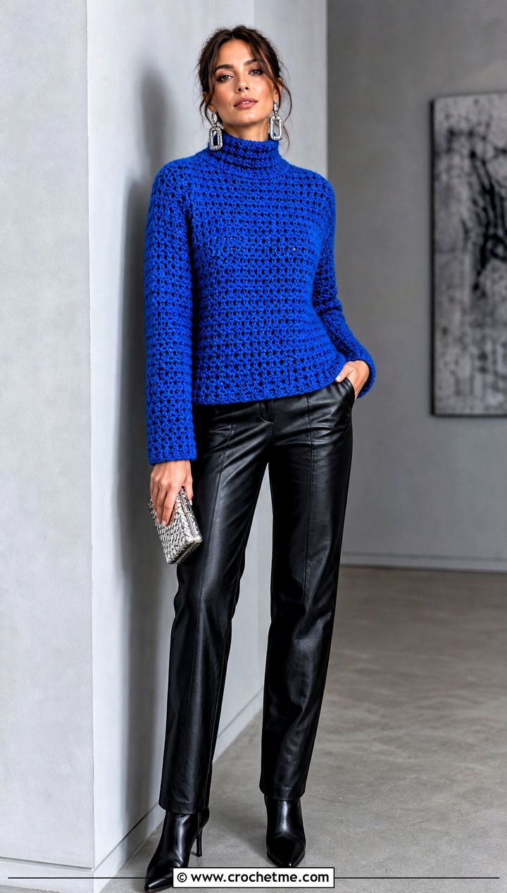 Blue Mock Neck Crochet Sweater With Leather Pants - 15 Blue Crochet Sweater On Hanger outfit ideas