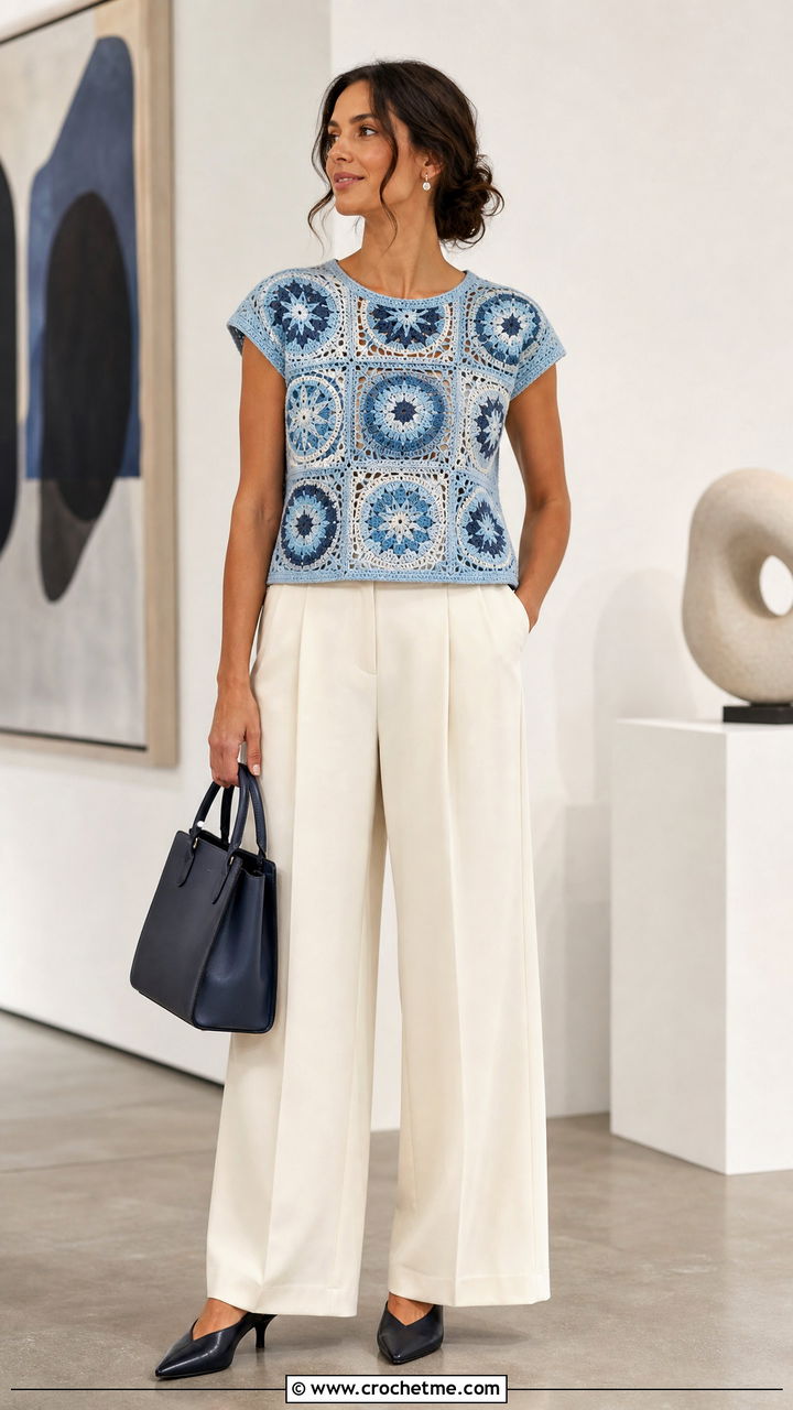Blue Mosaic Crochet Top With Minimal Trousers - 35 blue crochet top outfit ideas