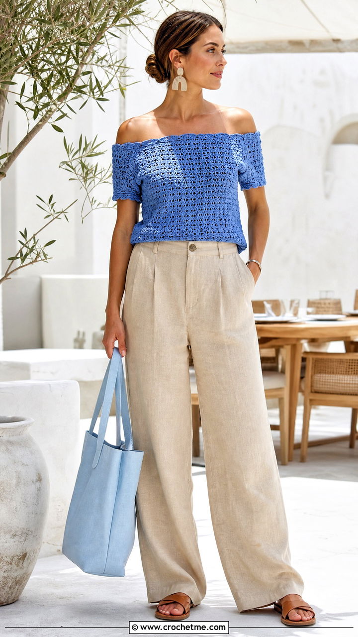 Blue Off Shoulder Crochet Top With Linen Pants - 35 blue crochet top outfit ideas