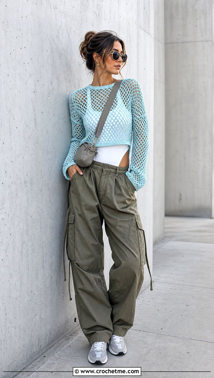 Blue Open Stitch Crochet Sweater With Cargo Pants - 15 Blue Crochet Sweater On Hanger outfit ideas