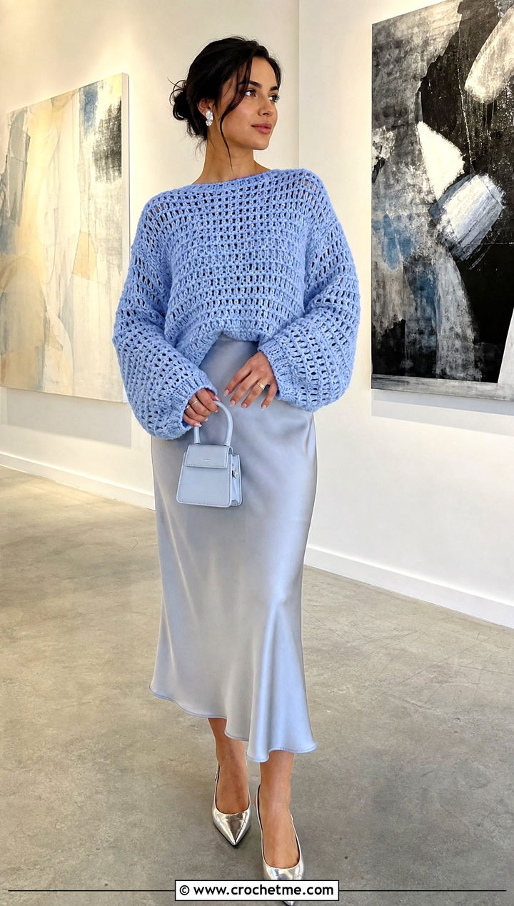 Blue Oversized Crochet Sweater With Satin Midi Skirt - 15 Blue Crochet Sweater On Hanger outfit ideas