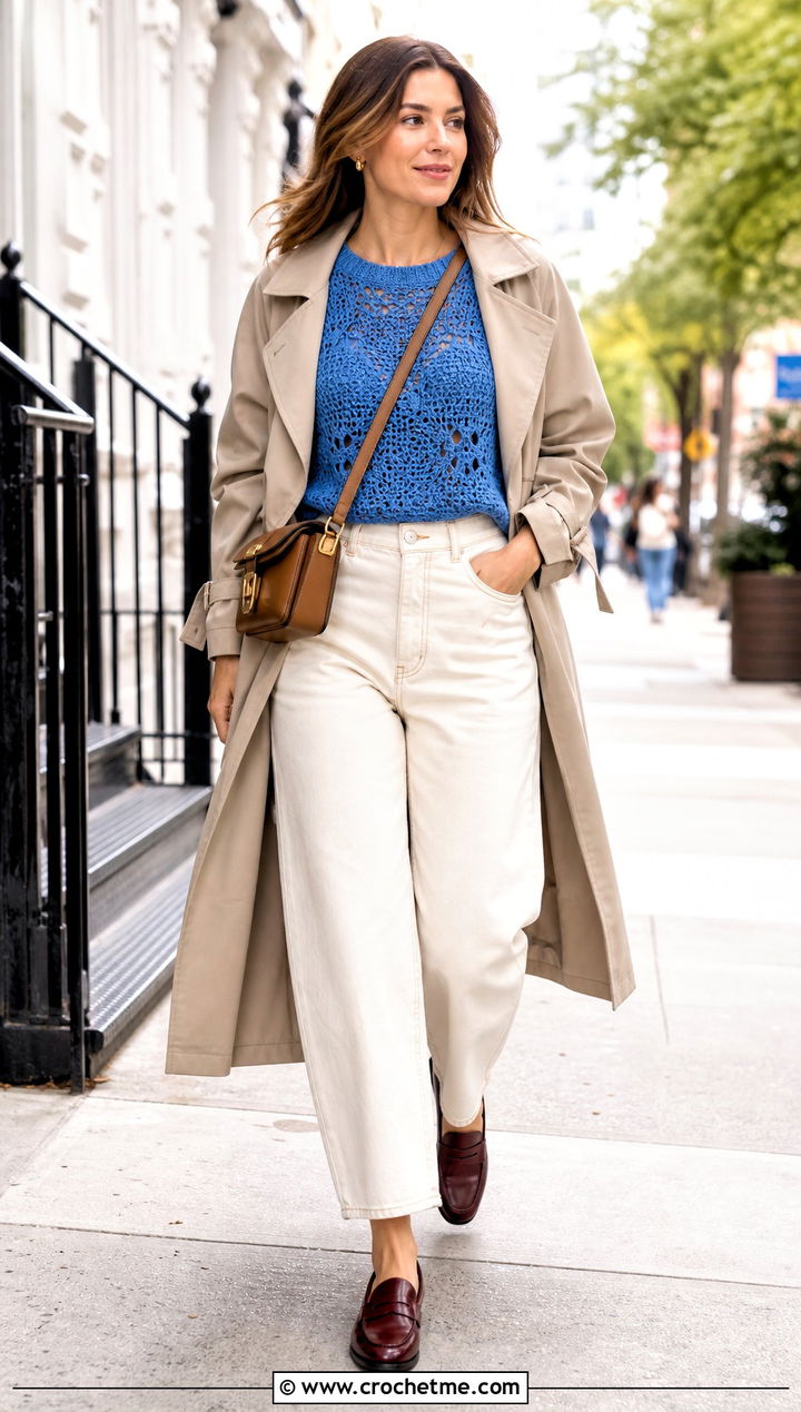 Blue Sky Crochet Tee With Barrel Jeans And Trench Coat - 15 blue sky crochet tee outfit ideas