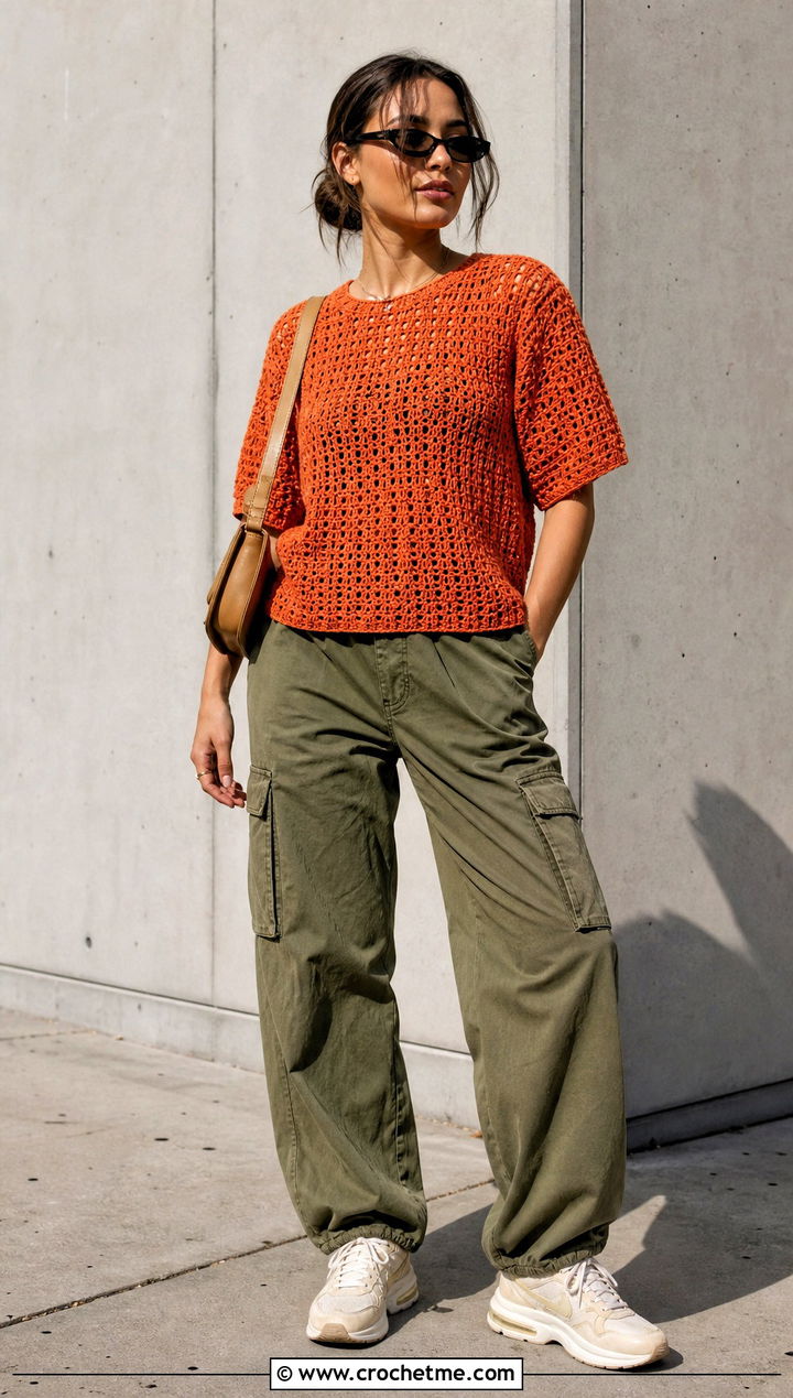 Blue Sky Crochet Tee With Cargo Pants - 15 blue sky crochet tee outfit ideas