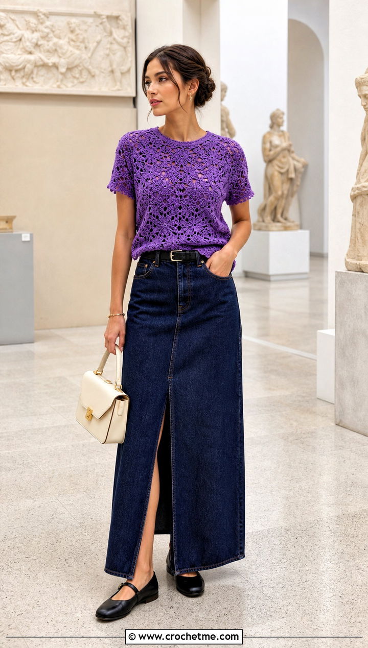 Blue Sky Crochet Tee With Denim Maxi Skirt - 15 blue sky crochet tee outfit ideas