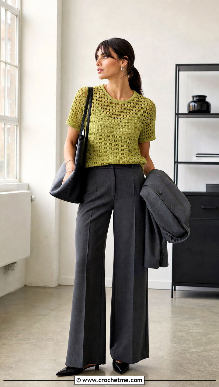 Blue Sky Crochet Tee With Wide Leg Trousers - 15 blue sky crochet tee outfit ideas