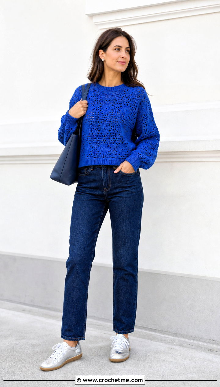 Blue Star Crochet Mabel Sweater With Dark Denim - 35 crochet mabel sweater outfit ideas