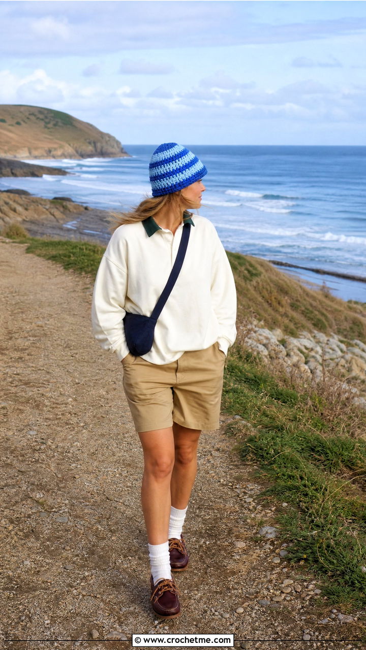 Blue Striped Crochet Beanie With Rugby Shirt And Shorts - 35 Blue Crochet Hat outfit ideas