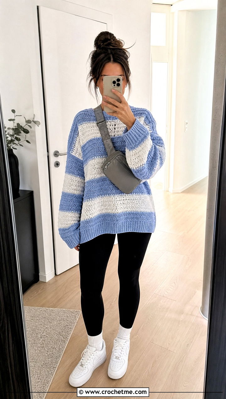Blue Striped Crochet Sweater With Black Leggings - 15 Blue Crochet Sweater On Hanger outfit ideas