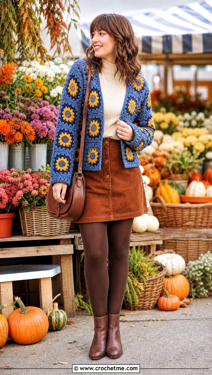 Blue Sunflower Granny Square Cardigan With Corduroy Skirt - 30 blue granny square cardigan outfit ideas