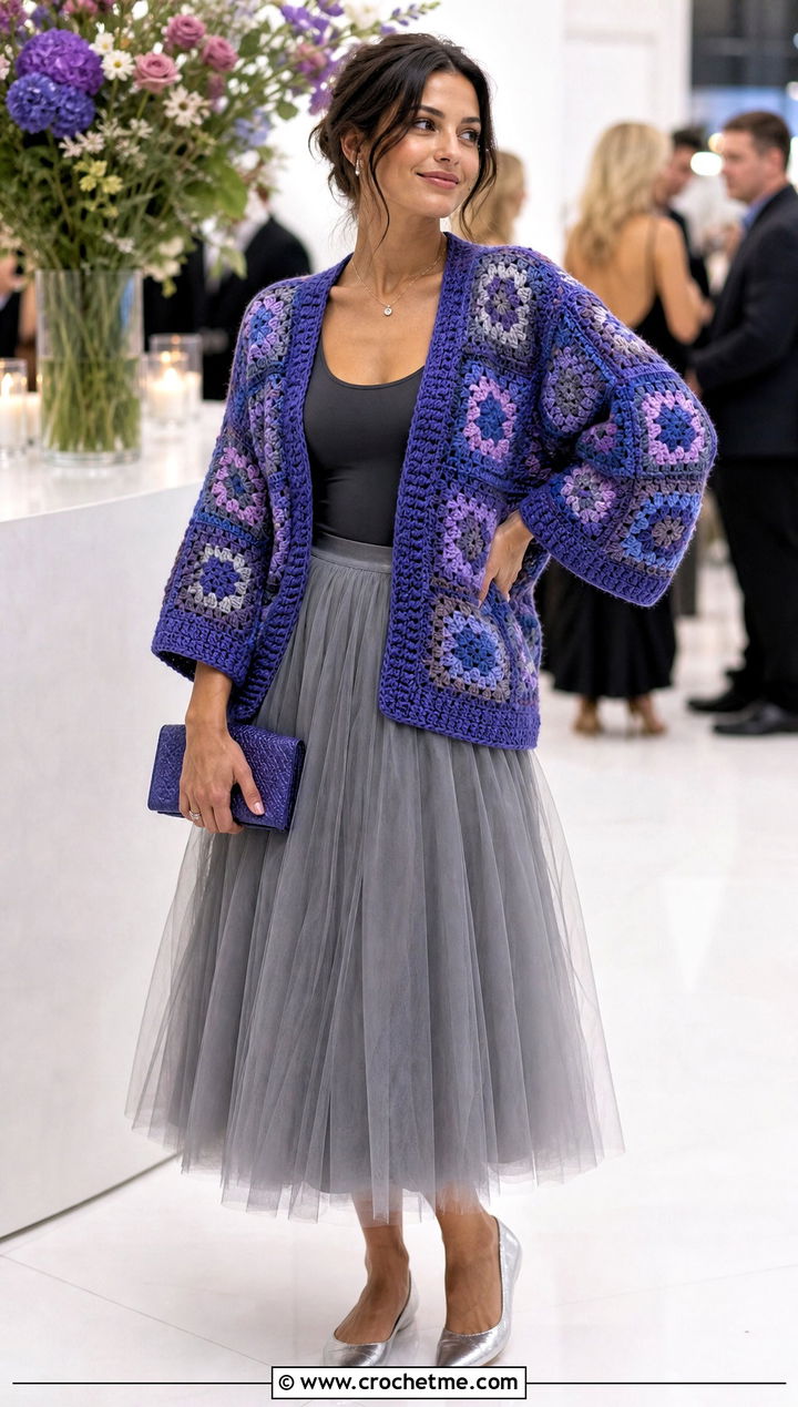 Blue Violet Granny Square Cardigan With Tulle Midi Skirt - 30 blue granny square cardigan outfit ideas