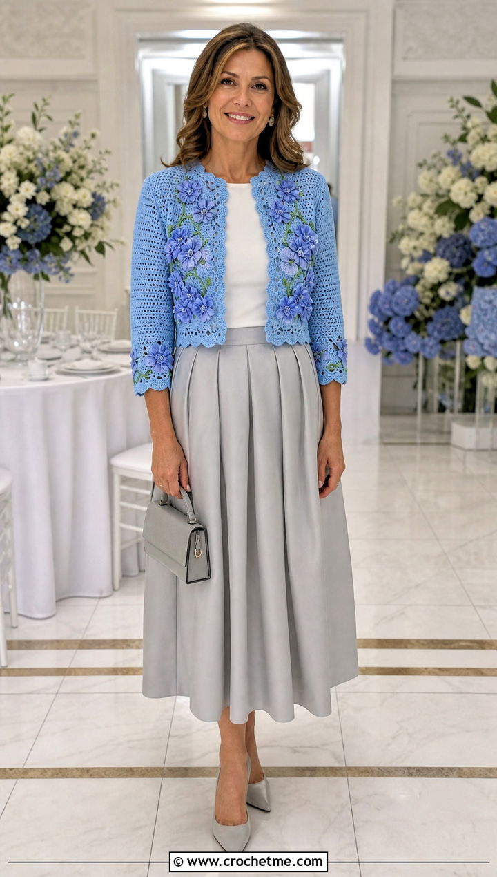 Bluebell Flower Cardigan With Full Midi Skirt - 30 crochet flowers cardigan outfit ideas