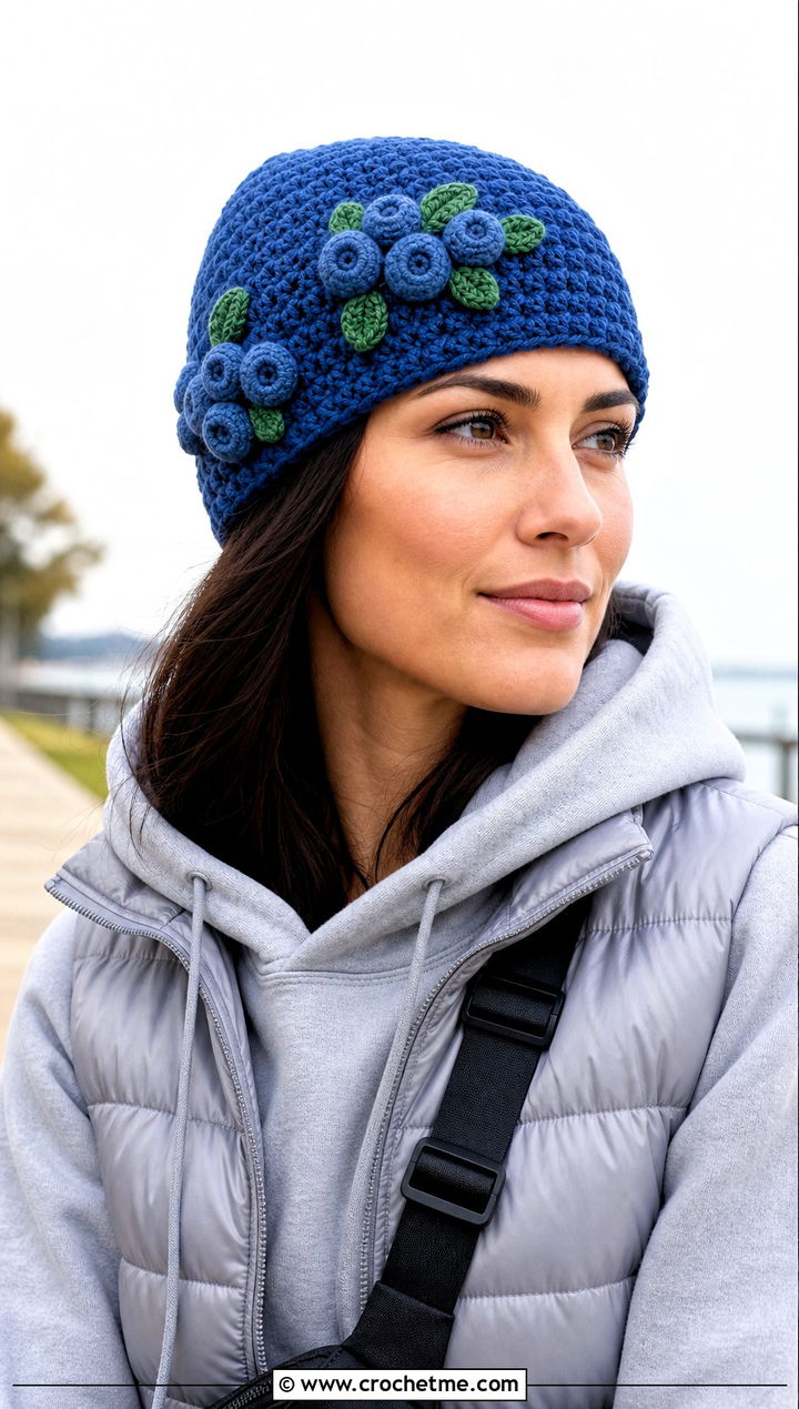 Blueberry Crochet Beanie With Puffer Vest - 30 crochet fruit beanie outfit ideas