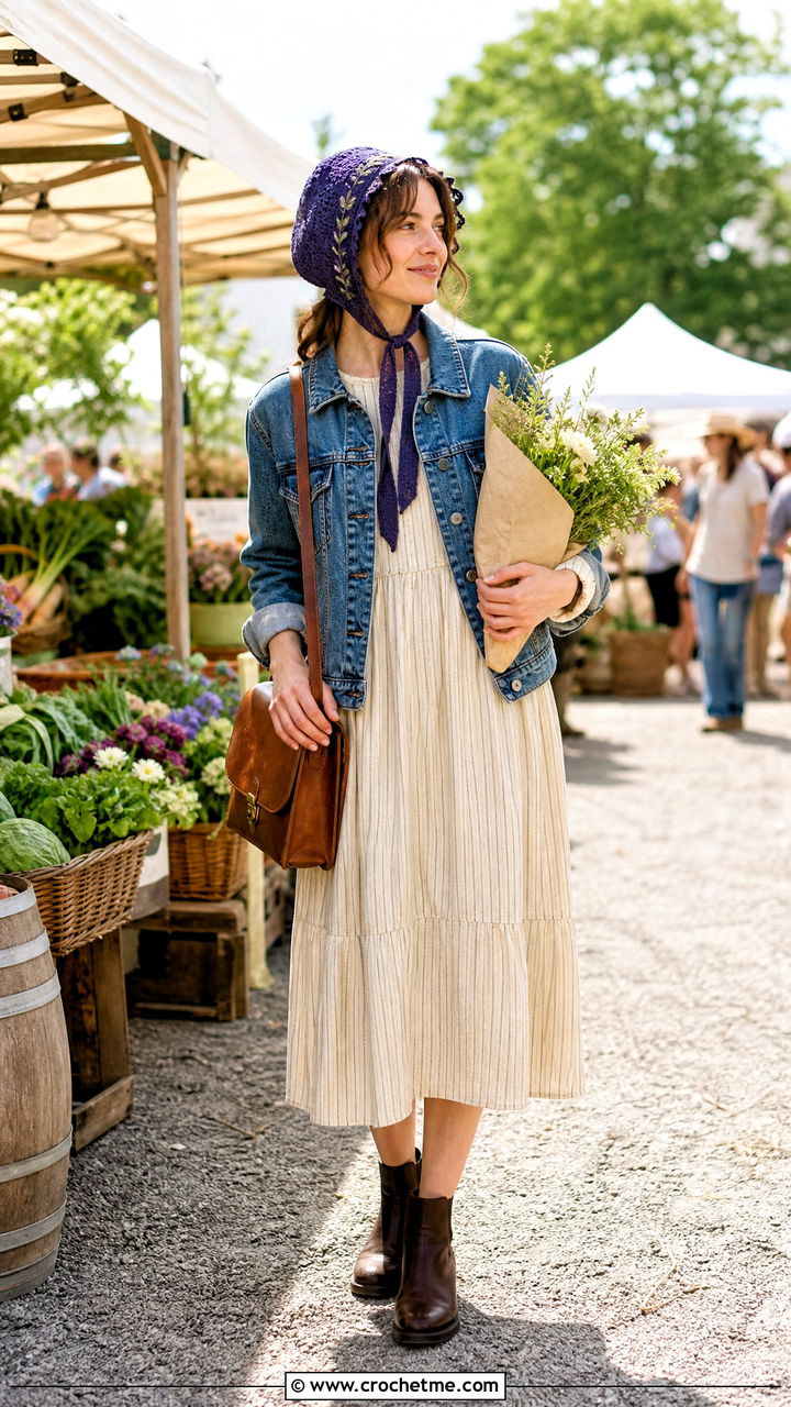 Blueberry Crochet Bonnet With Prairie Dress And Ankle Boots - 35 blueberry crochet hat outfit ideas