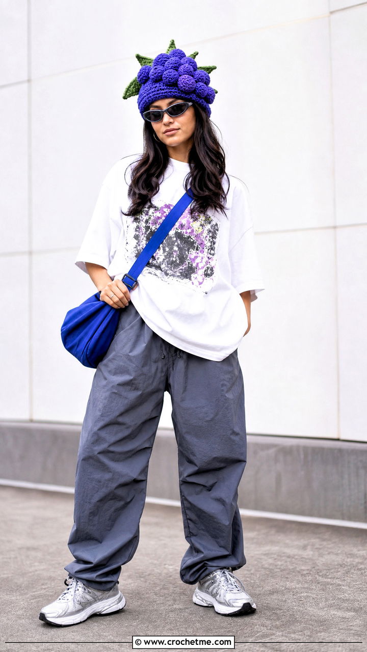 Blueberry Crochet Crown Hat With Graphic T Shirt And Parachute Pants - 35 blueberry crochet hat outfit ideas