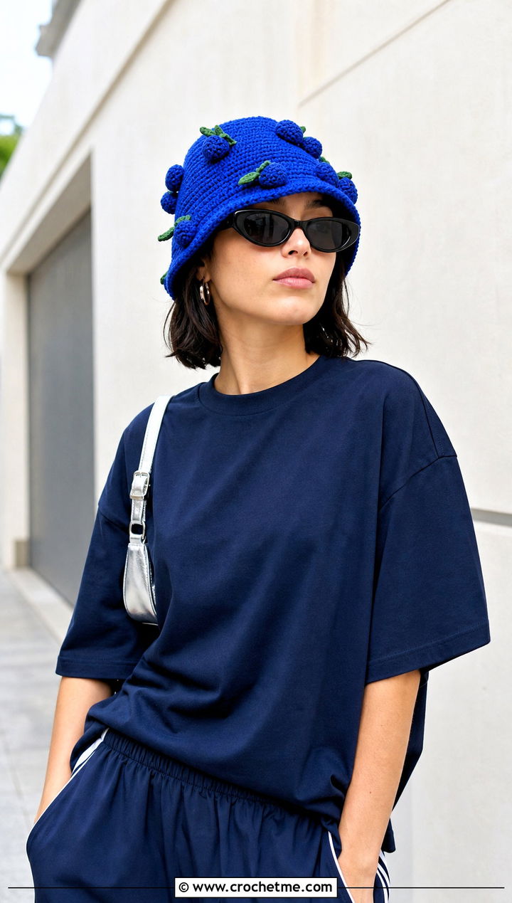 Blueberry Crochet Fruit Bucket Hat With Monochrome Streetwear - 25 crochet fruit bucket hat outfit ideas