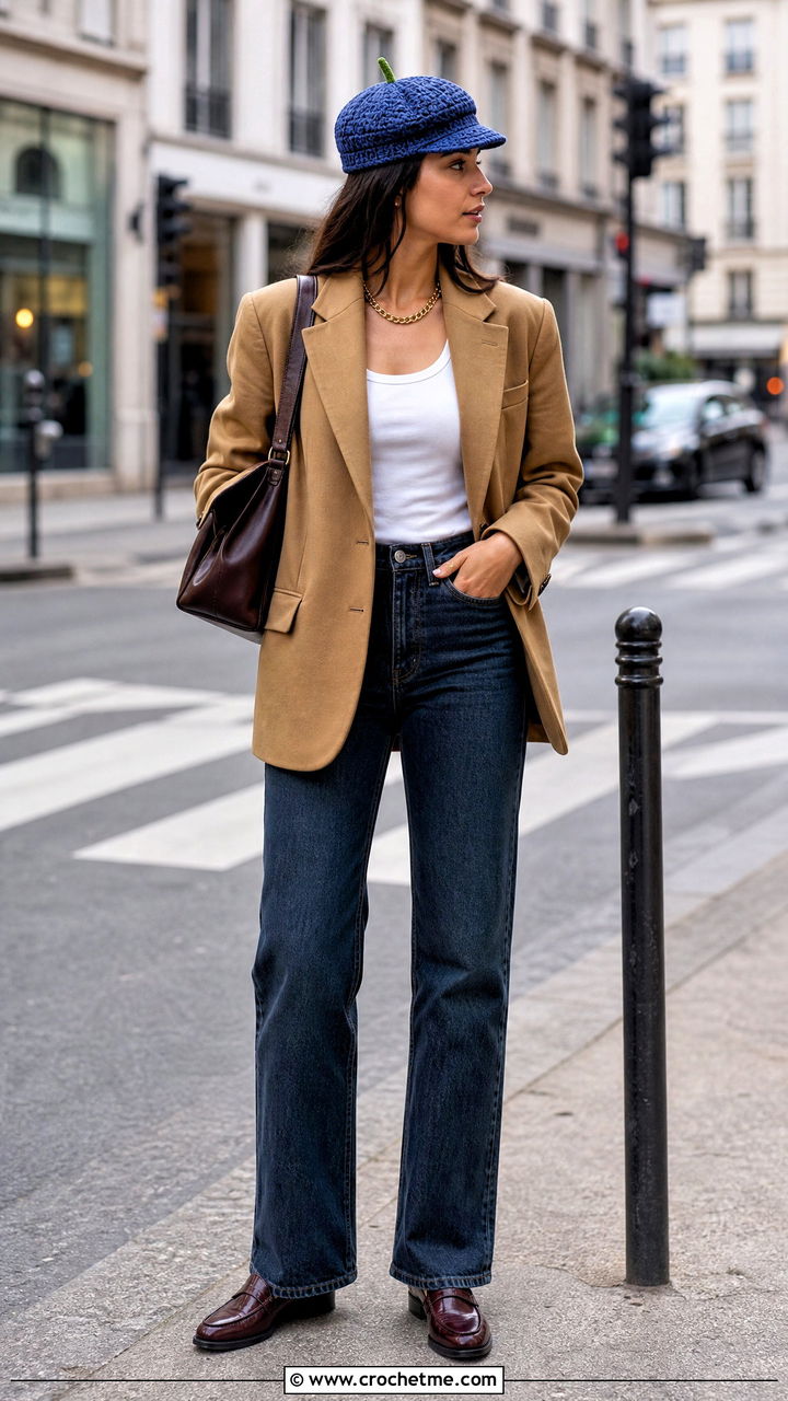 Blueberry Crochet Newsboy Cap With Blazer And Straight Leg Jeans - 35 blueberry crochet hat outfit ideas