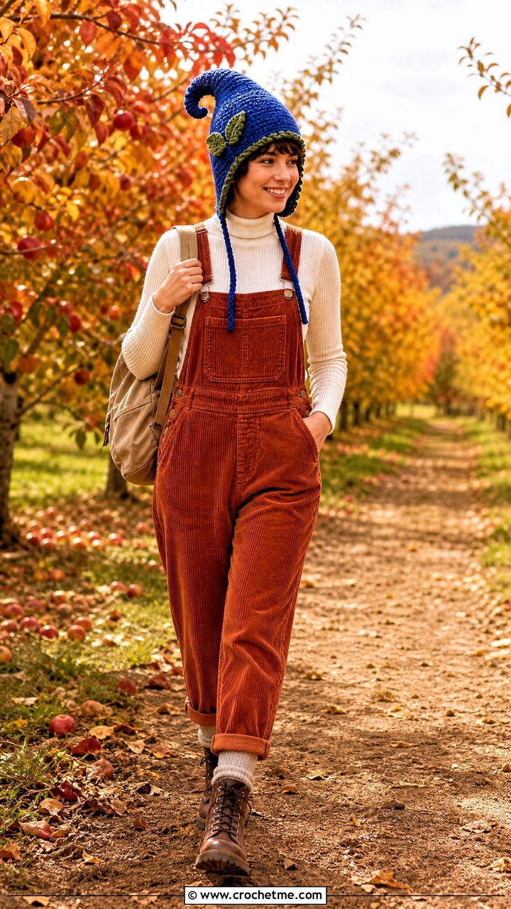 Blueberry Crochet Pixie Hat With Corduroy Overalls And Turtleneck - 35 blueberry crochet hat outfit ideas