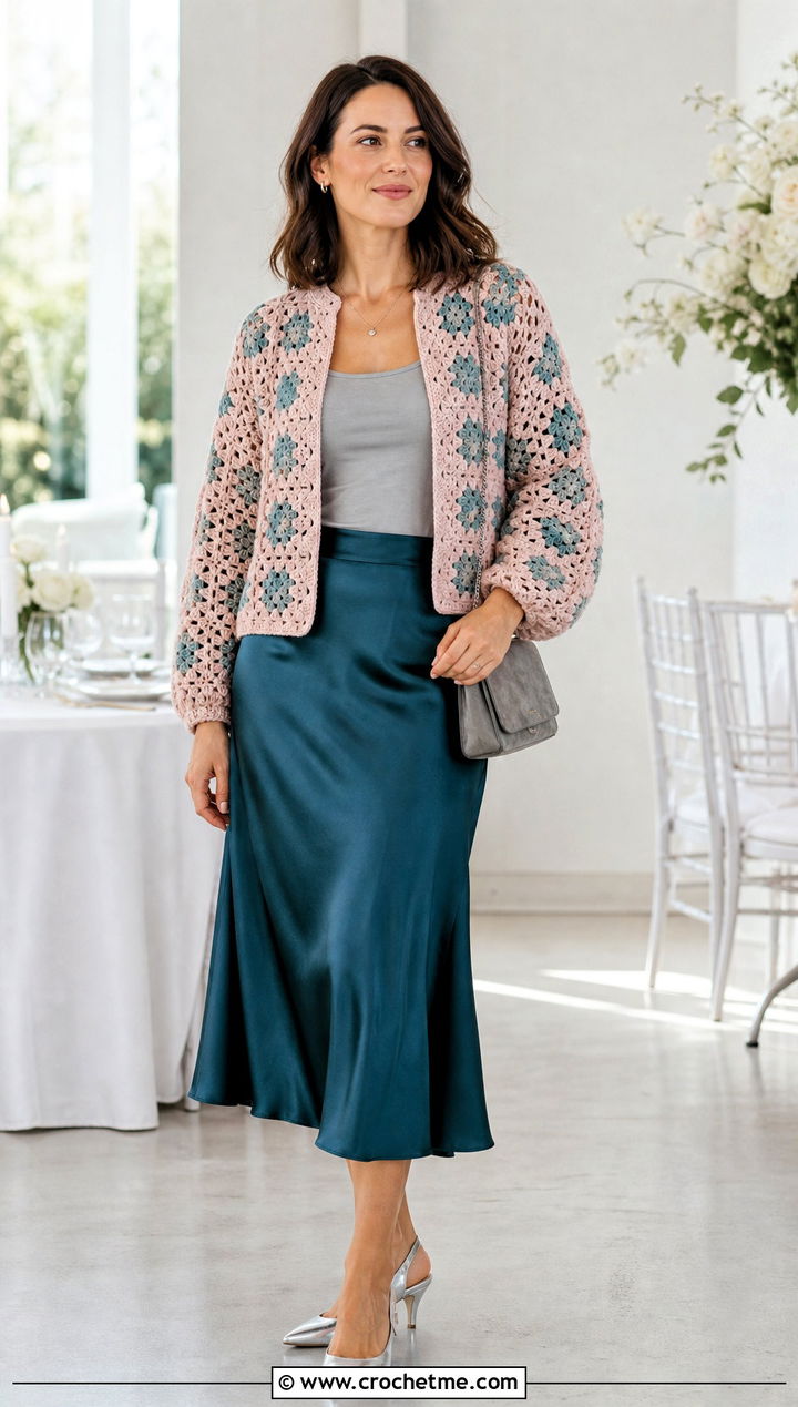 Blush Pink Granny Square Cardigan With a Satin Skirt - 35 pink granny square cardigan outfit ideas