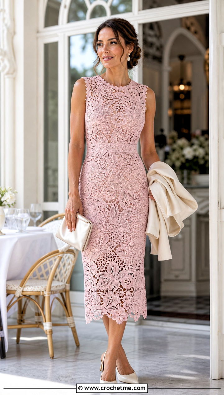 Blush Pink Irish Crochet Lace Dress With Slingback Heels - 20 pastel crochet dress outfit ideas