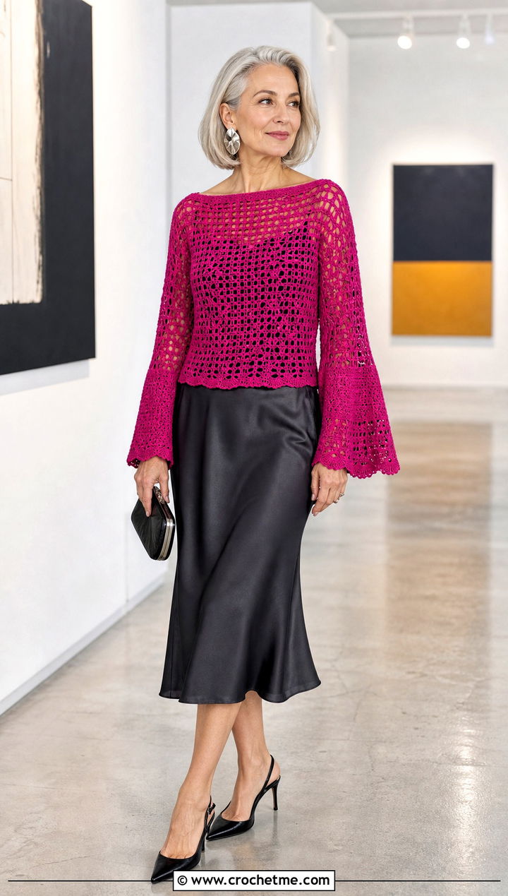 Boat Neck Bell Sleeve Crochet Sweater With Satin Midi Skirt - 25 Crocheted Sweaters For Women outfit ideas
