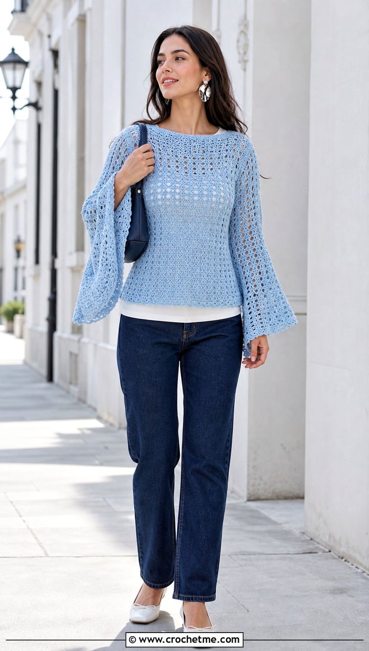 Boat Neck Bell Sleeve Crochet Sweater With Straight Jeans - 25 bell sleeve crochet sweater outfit ideas