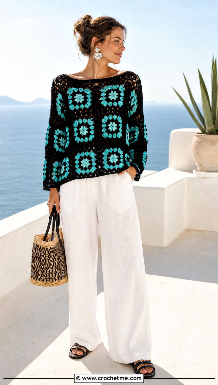 Boat Neck Black Granny Square Sweater With Linen Pants - 25 black granny square sweater outfit ideas