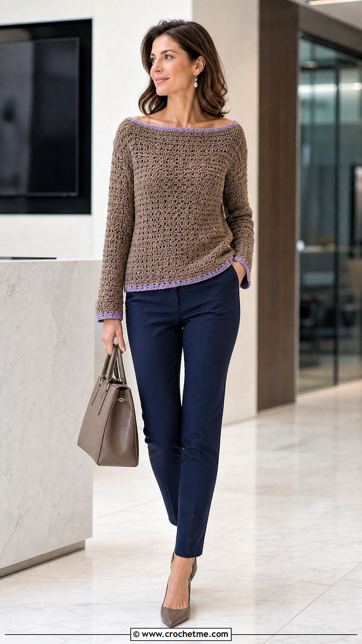 Boat Neck Brown Crochet Sweater With Cigarette Pants - 35 crochet brown sweater outfit ideas