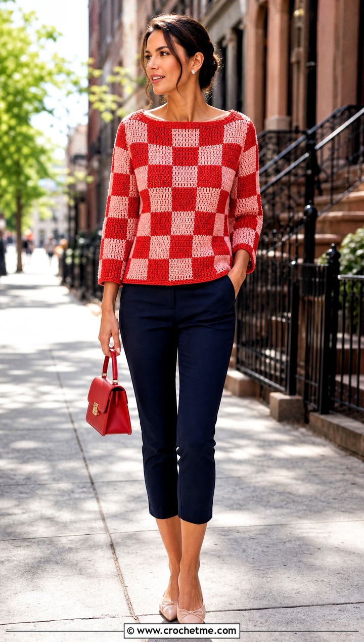 Boat Neck Checkered Crochet Sweater With Capri Pants - 30 checkered crochet sweater outfit ideas