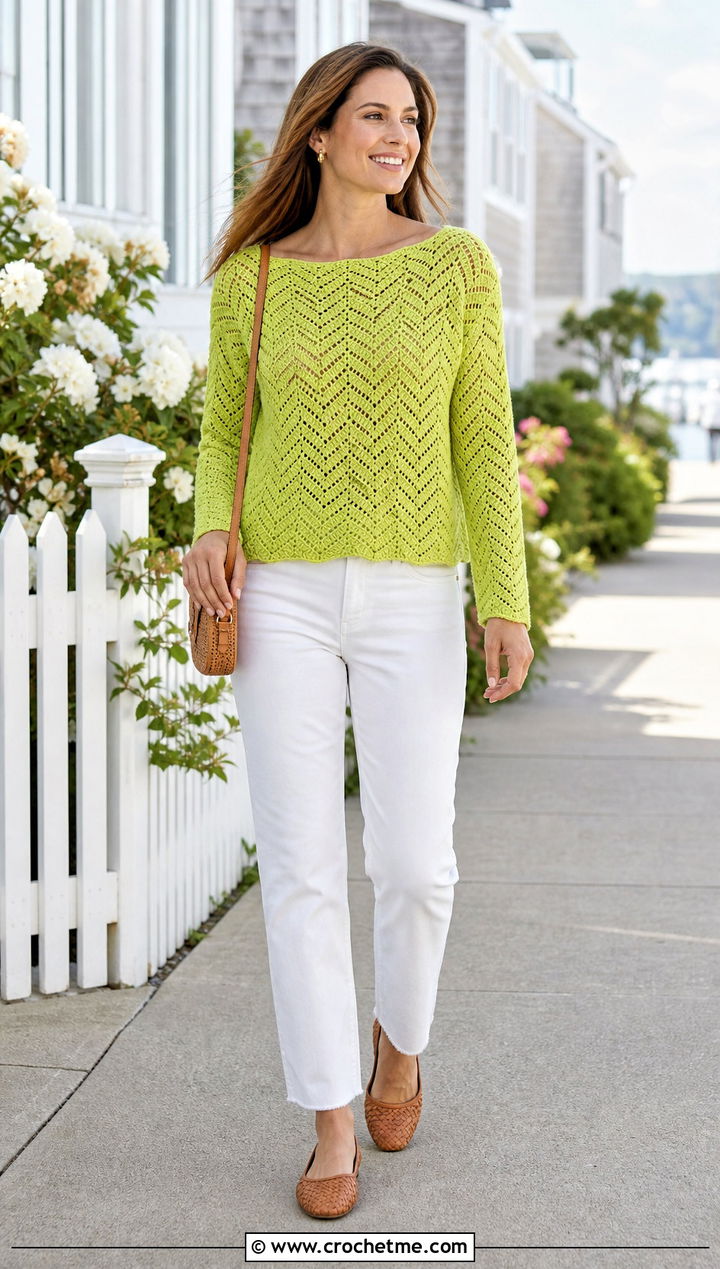 Boat Neck Chevron Crochet Top With White Denim - 30 crochet chevron top outfit ideas