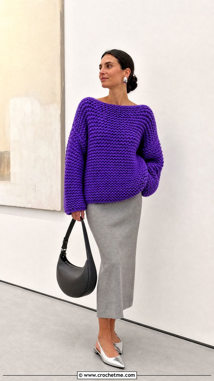 Boat Neck Chunky Crochet Sweater With Column Skirt - 35 chunky crochet sweater outfit ideas