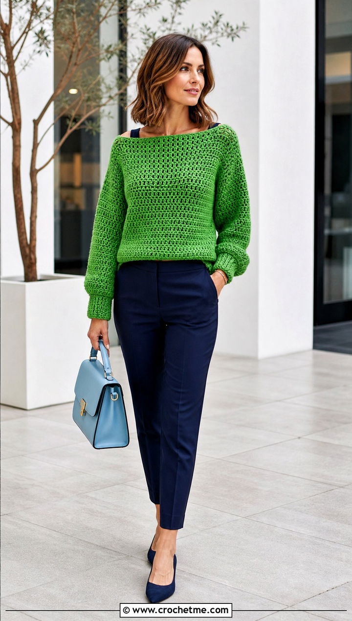 Boat Neck Chunky Crochet Sweater With Tailored Cigarette Pants - 25 Easy Chunky Crochet Sweater outfit ideas