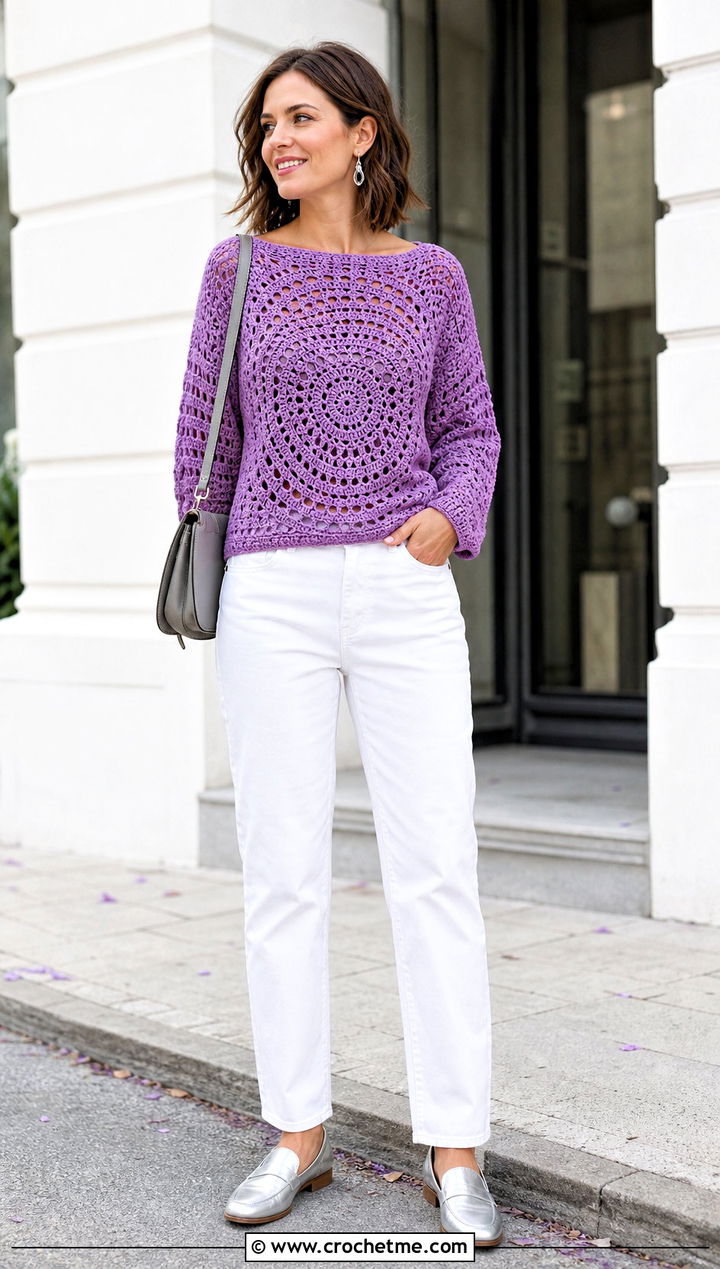 Boat Neck Circle Crochet Sweater With White Jeans - 25 Circle Crochet Sweater outfit ideas