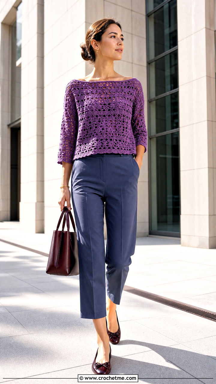 Boat Neck Crochet Blouse With Cropped Trousers - 35 crochet blouse outfit ideas