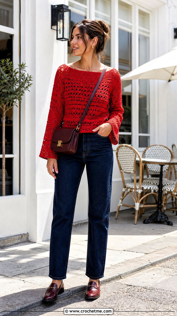 Boat Neck Crochet Blouse With Dark Wash Jeans - 35 crochet blouse for women outfit ideas