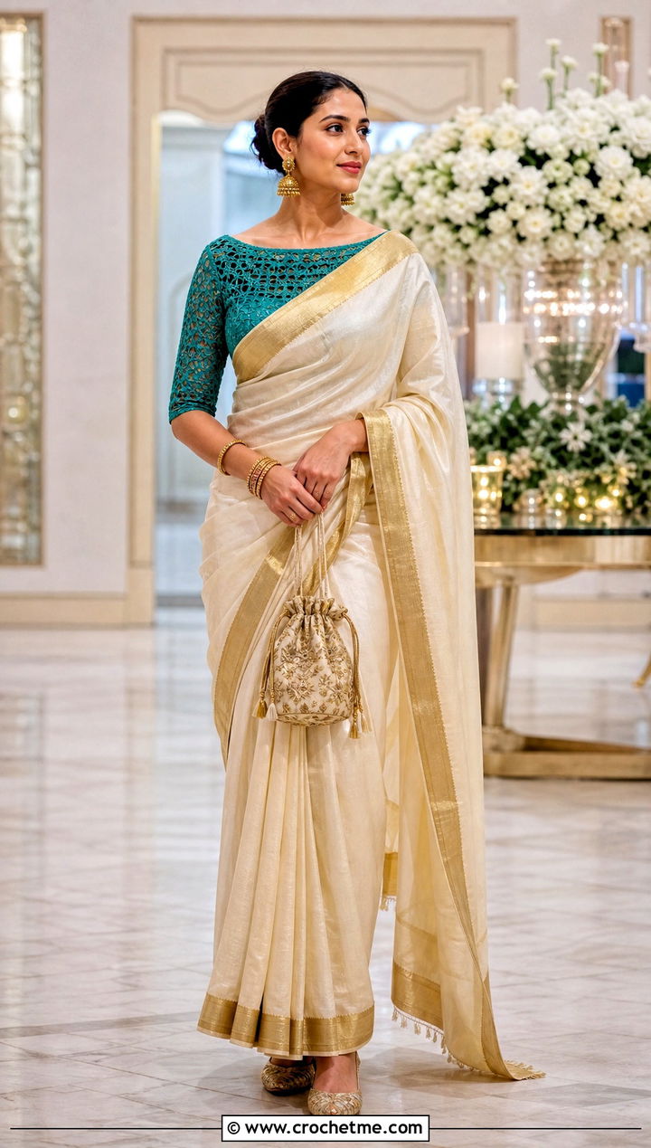 Boat Neck Crochet Blouse With Silk Saree - 35 Crochet Blouse For Saree outfit ideas