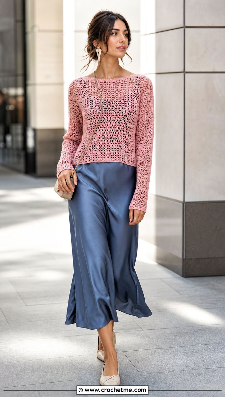Boat Neck Crochet Blouse With Slip Dress - 15 Long Sleeve Crochet Blouse outfit ideas