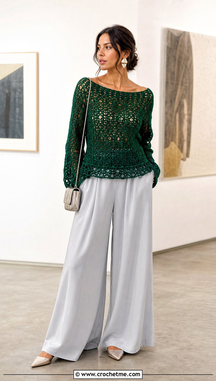 Boat Neck Crochet Boho Sweater With Palazzo Pants - 30 crochet boho sweater outfit ideas