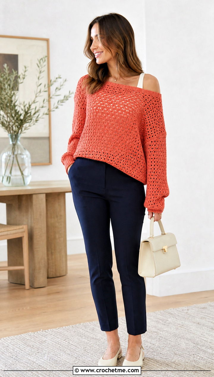 Boat Neck Crochet Boyfriend Sweater With Cigarette Pants - 30 crochet boyfriend sweater outfit ideas