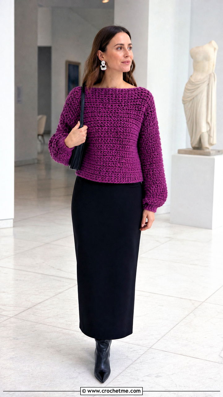 Boat Neck Crochet Chunky Sweater With Column Skirt - 35 crochet chunky sweater outfit ideas