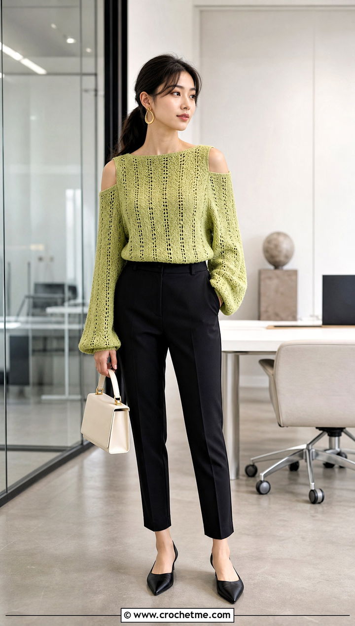 Boat Neck Crochet Cold Shoulder Sweater With Cigarette Pants - 25 Crochet Cold Shoulder Sweater outfit ideas