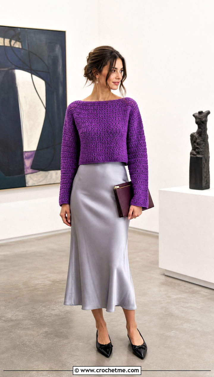 Boat Neck Crochet Cropped Jumper With Satin Midi Skirt - 30 crochet cropped jumper outfit ideas