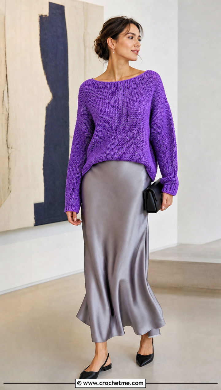 Boat Neck Crochet Drop Shoulder Sweater With Satin Slip Skirt - 30 crochet drop shoulder sweater outfit ideas