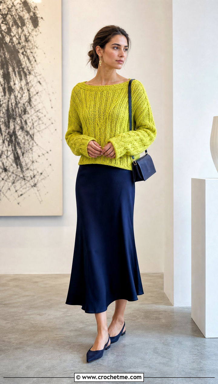 Boat Neck Crochet Fisherman Sweater With Bias Cut Skirt - 25 crochet fisherman sweater outfit ideas