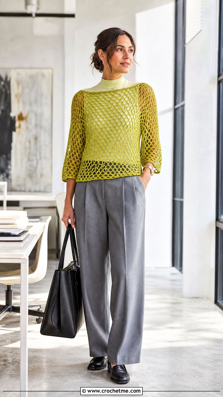 Boat Neck Crochet Fishnet Top With Tailored Trousers - 35 crochet fishnet top outfit ideas