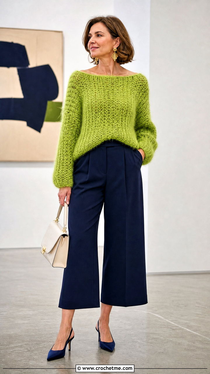 Boat Neck Crochet Fluffy Sweater With Tailored Culottes - 35 crochet fluffy sweater outfit ideas