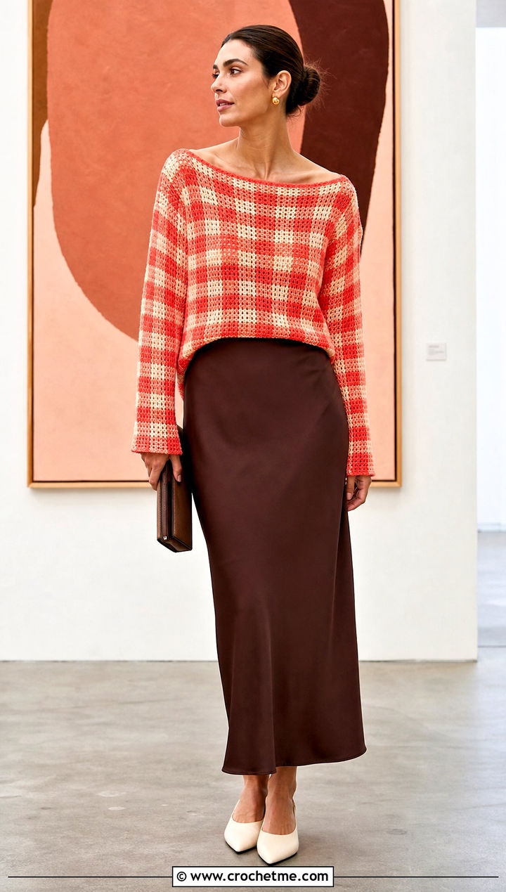 Boat Neck Crochet Gingham Sweater With Column Skirt - 25 Crochet Gingham Sweater outfit ideas