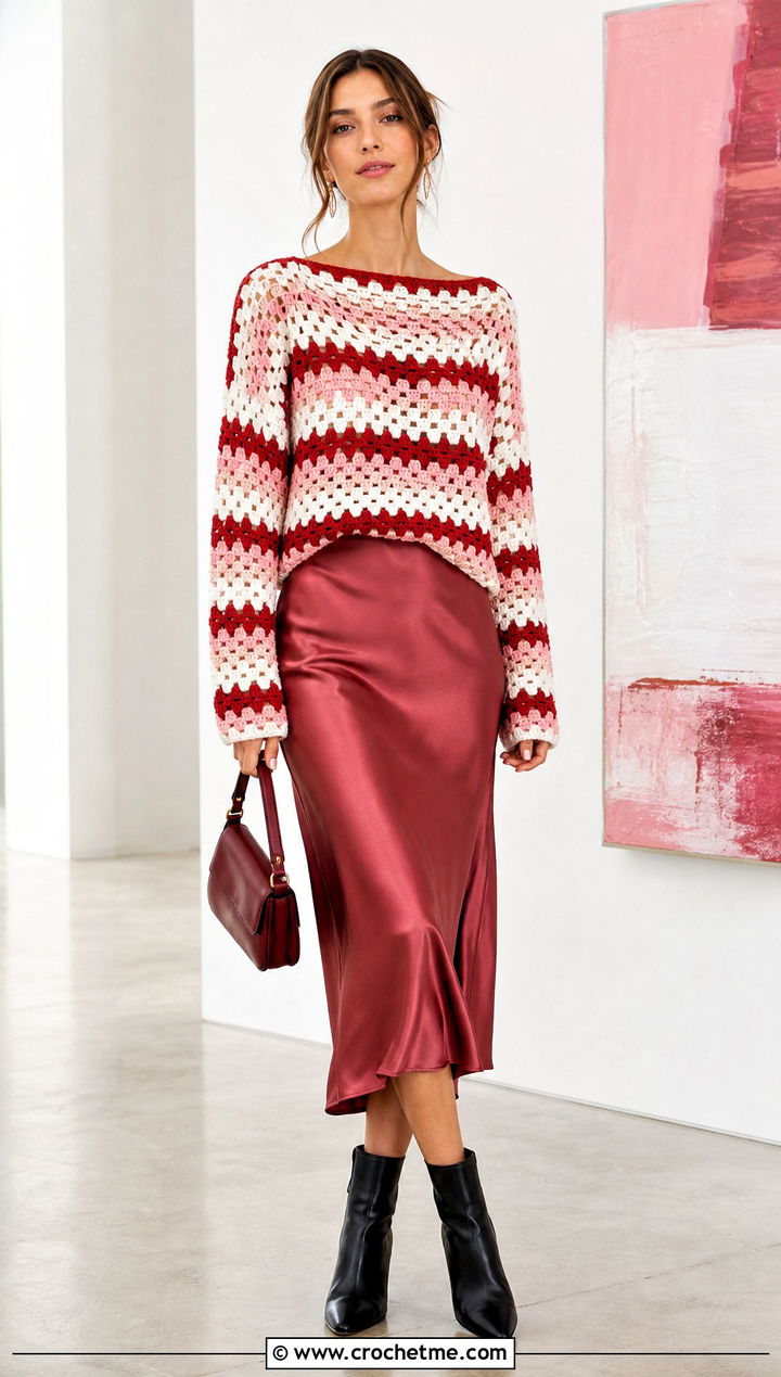 Boat Neck Crochet Granny Stripe Sweater With Satin Midi Skirt - 25 Crochet Granny Stripe Sweater outfit ideas