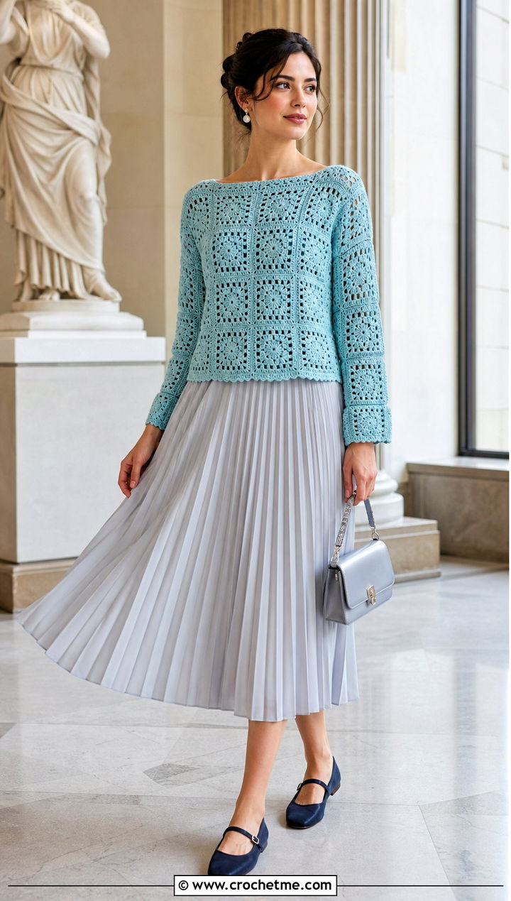 Boat Neck Crochet Granny Top With Pleated Midi Skirt - 25 crochet granny top outfit ideas