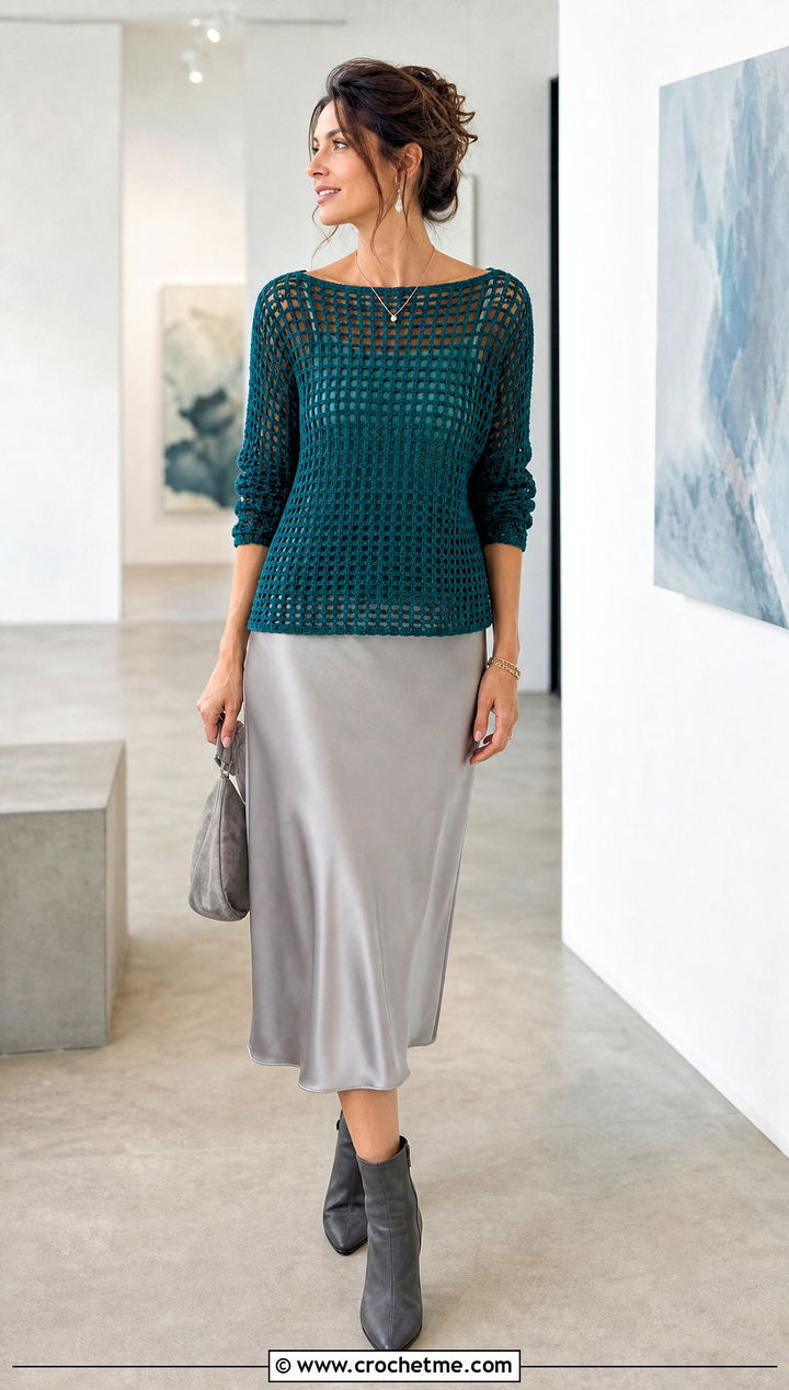 Boat Neck Crochet Grid Sweater With Satin Midi Skirt - 30 crochet grid sweater outfit ideas