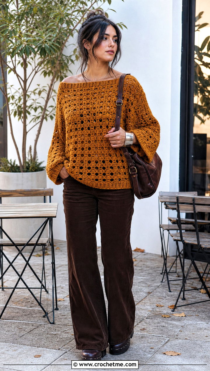 Boat Neck Crochet Grunge Sweater With Corduroy Pants - 30 crochet grunge sweater outfit ideas